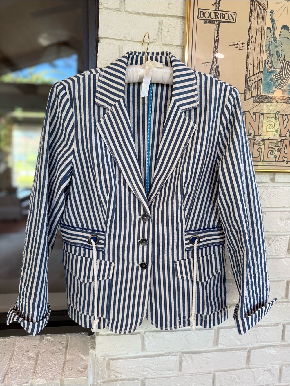 Coldwater Creek Striped Navy and White Seersucker Blazer